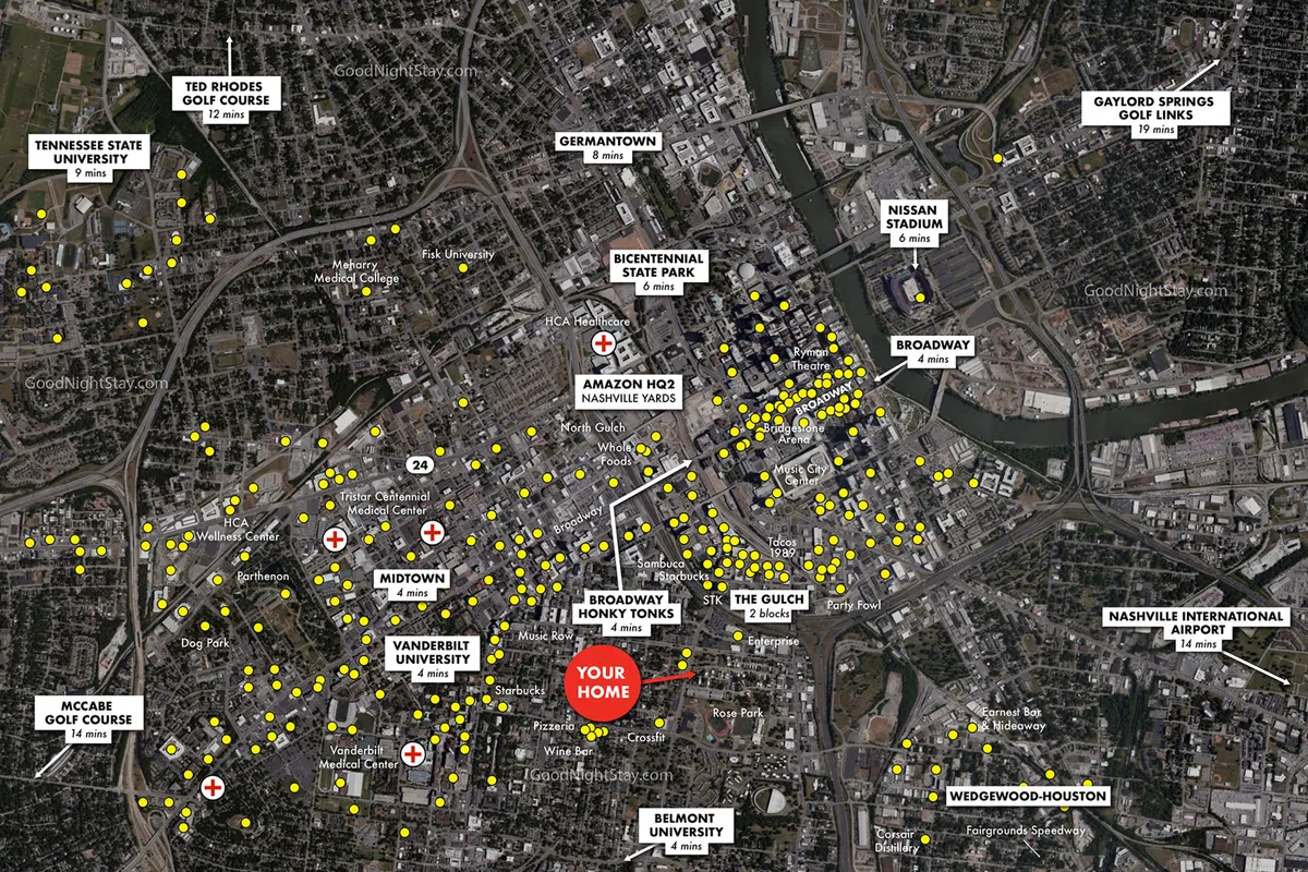 An illustrated view highlighting a residential home in Edgehill with the Nashville skyline, nearby universities, parks, golf courses, and the famed honky tonks on Broadway all labeled. The vibe is vibrant and inviting, suggesting easy access to both nightlife and local attractions.